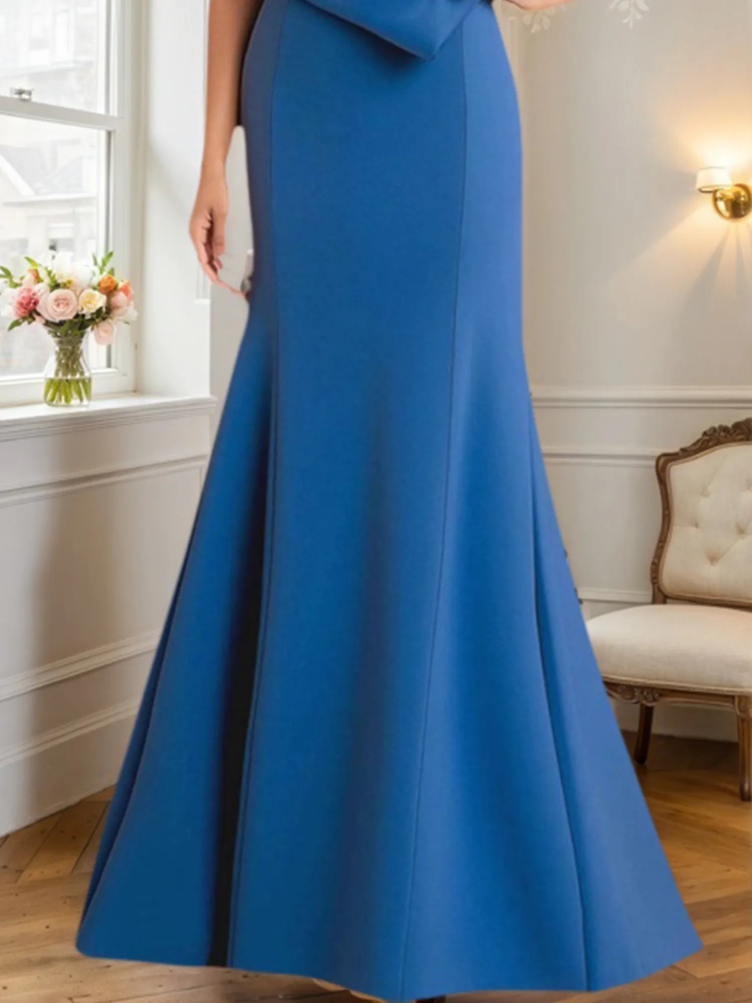 Evening Formal Dress Blue Off-The-Shoulder with Pearls Maxi Dress