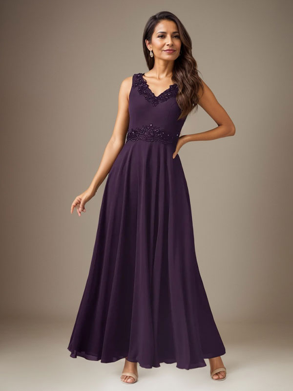 Pflaume A-Linie Pailletten Chiffon Kleid
