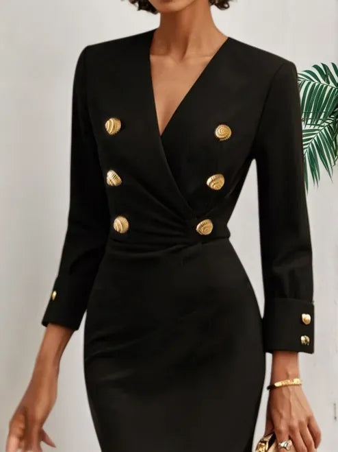 Vestido blazer midi negro con escote en V, manga larga y hebilla