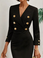 Vestido blazer midi negro con escote en V, manga larga y hebilla