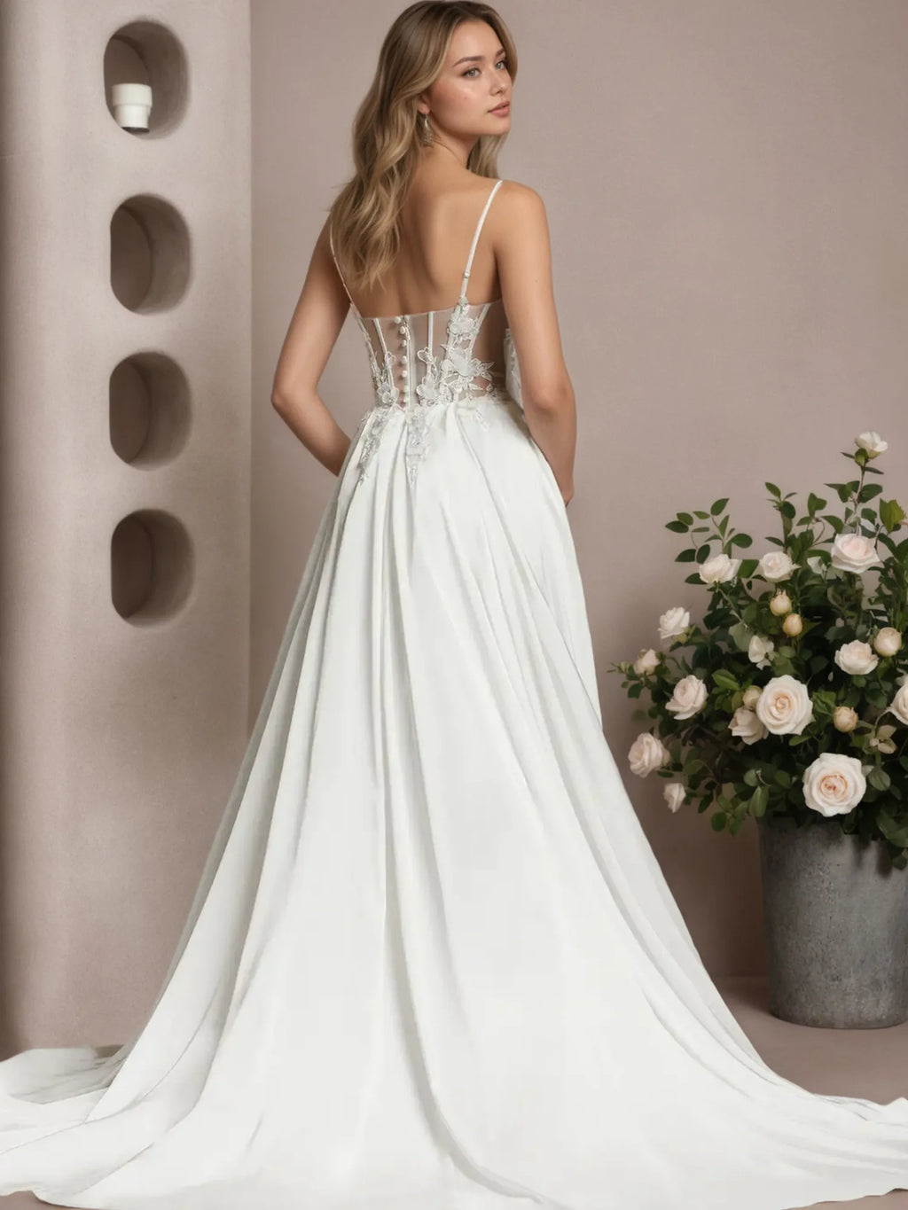 Vestido de noiva branco em cetim stretch com renda, corte A
