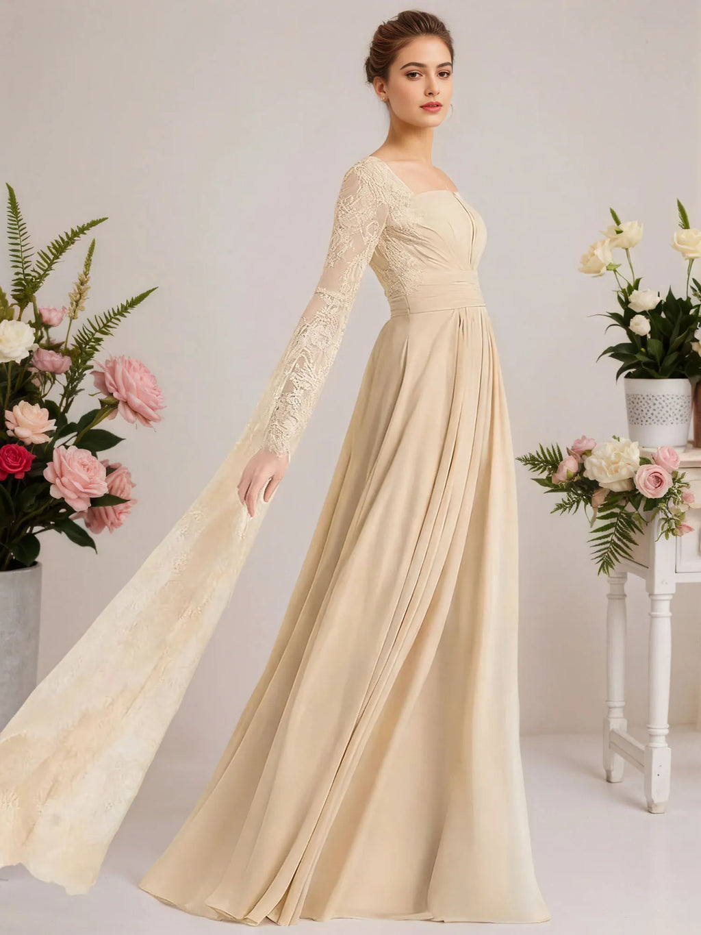 A-Linien quadratisches bodenlanges Chiffon-Spitzen-Abendkleid mit Perlenbesatz und Plissees