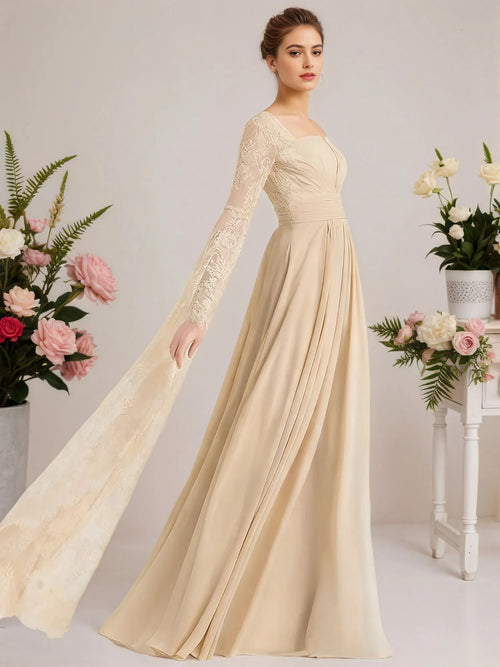 Robe de soirée en mousseline et dentelle, en ligne A, col carré, longueur au sol, plissée, avec perles