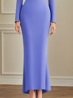 Robe élégante violette à manches longues, col rond, longueur cheville