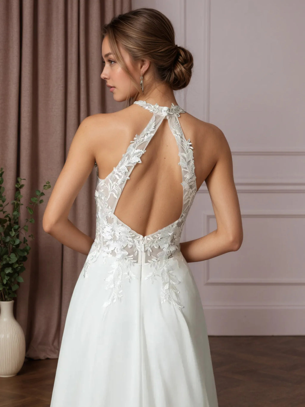 Vestido de novia blanco en línea A con encaje