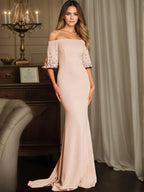 Off-Shoulder Half-Sleeve Beaded Mermaid Maxi Gown Formal Evening Dress