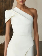 Conjunto de dos piezas para mujer: top elegante blanco con fruncido, un hombro y manga corta regular, con pantalones