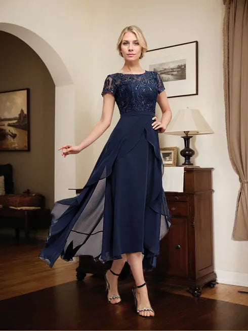 A-Linien Kleid mit Rundhalsausschnitt, Illusion, asymmetrisch, Chiffon-Spitze, Mutter-der-Braut-Kleid mit Schleife, Rüschen und Pailletten