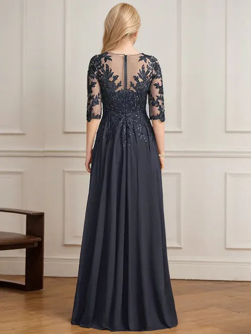 A-Linien V-Ausschnitt bodenlanges Spitzen-Chiffon Kleid der Brautmutter mit plissierten Pailletten