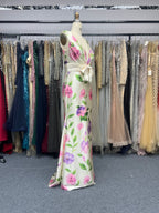 White Bow Floral V Neck Sleeveless Mermaid Gown Satin Dress