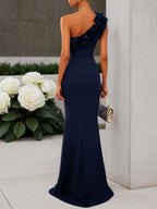Vestido azul marino clásico con flores 3D, un solo hombro, sin mangas, corte sirena