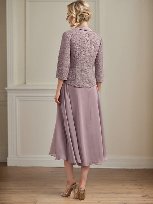 Robe de mère de la mariée longueur thé en dentelle et chiffon coupe trapèze col rond