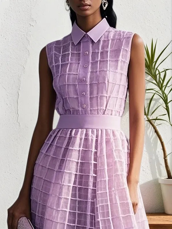 Lavendel Lila Hemdkleid mit Schnalle Hemdkragen Ärmelloses A-Linien Midikleid