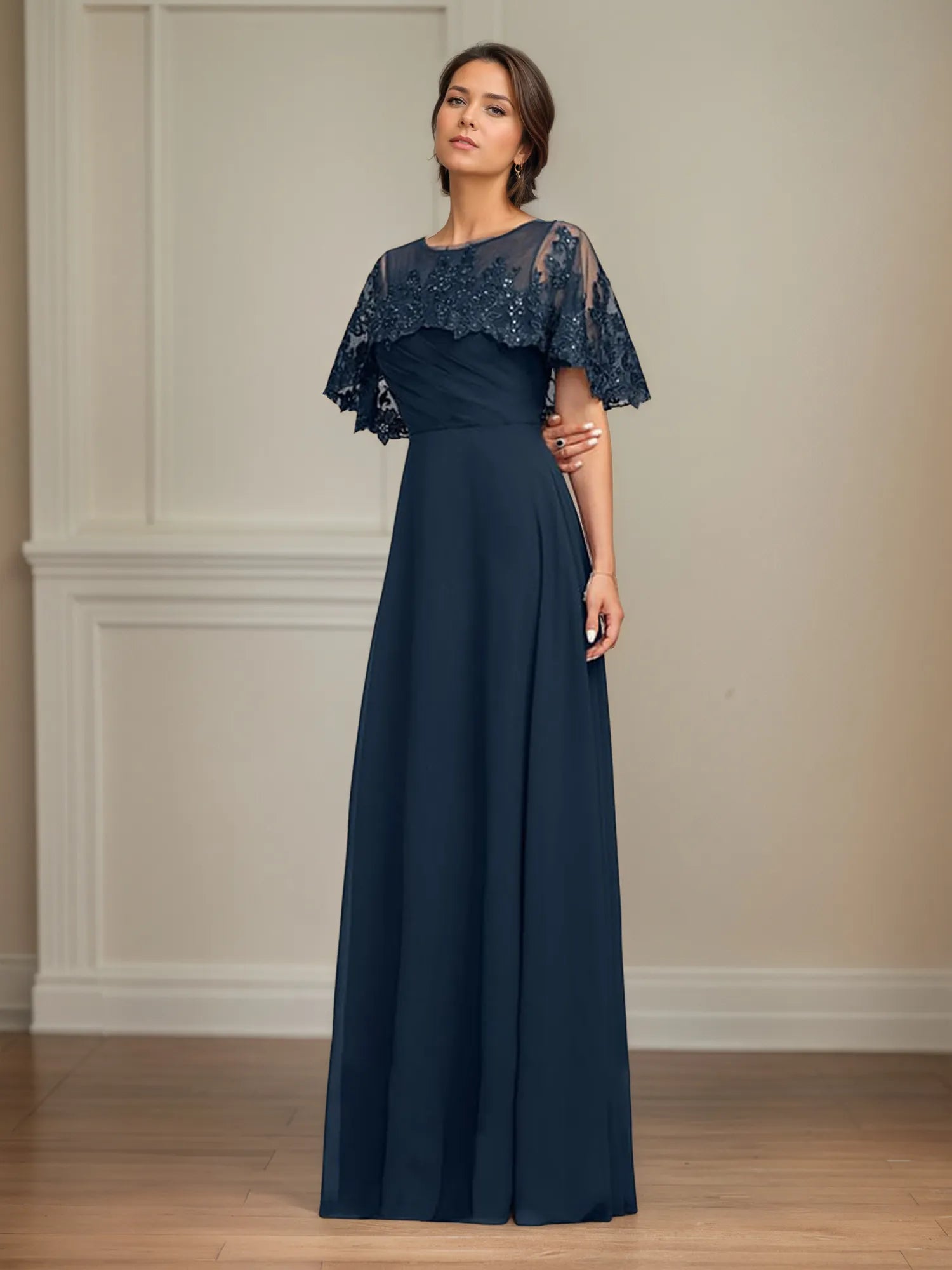 A Line Scoop Floor Length Chiffon Mother of the Bride Dress With Pleated Sequins