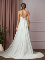 Weißes A-Linien Spitzen Chiffon Hochzeitskleid