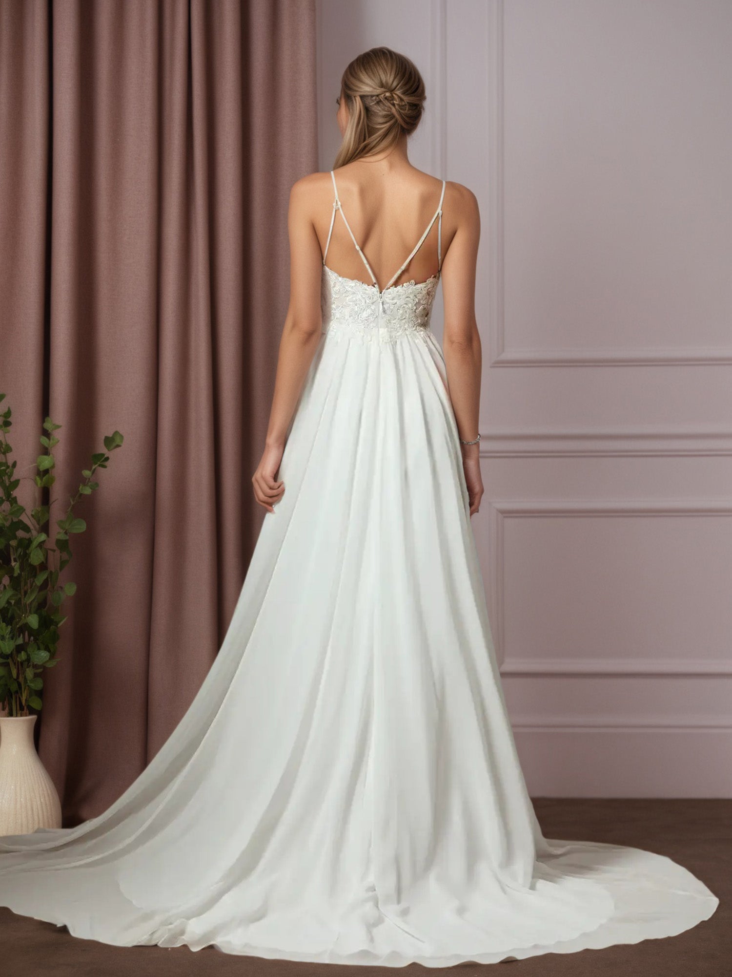Weißes A-Linien Spitzen Chiffon Hochzeitskleid
