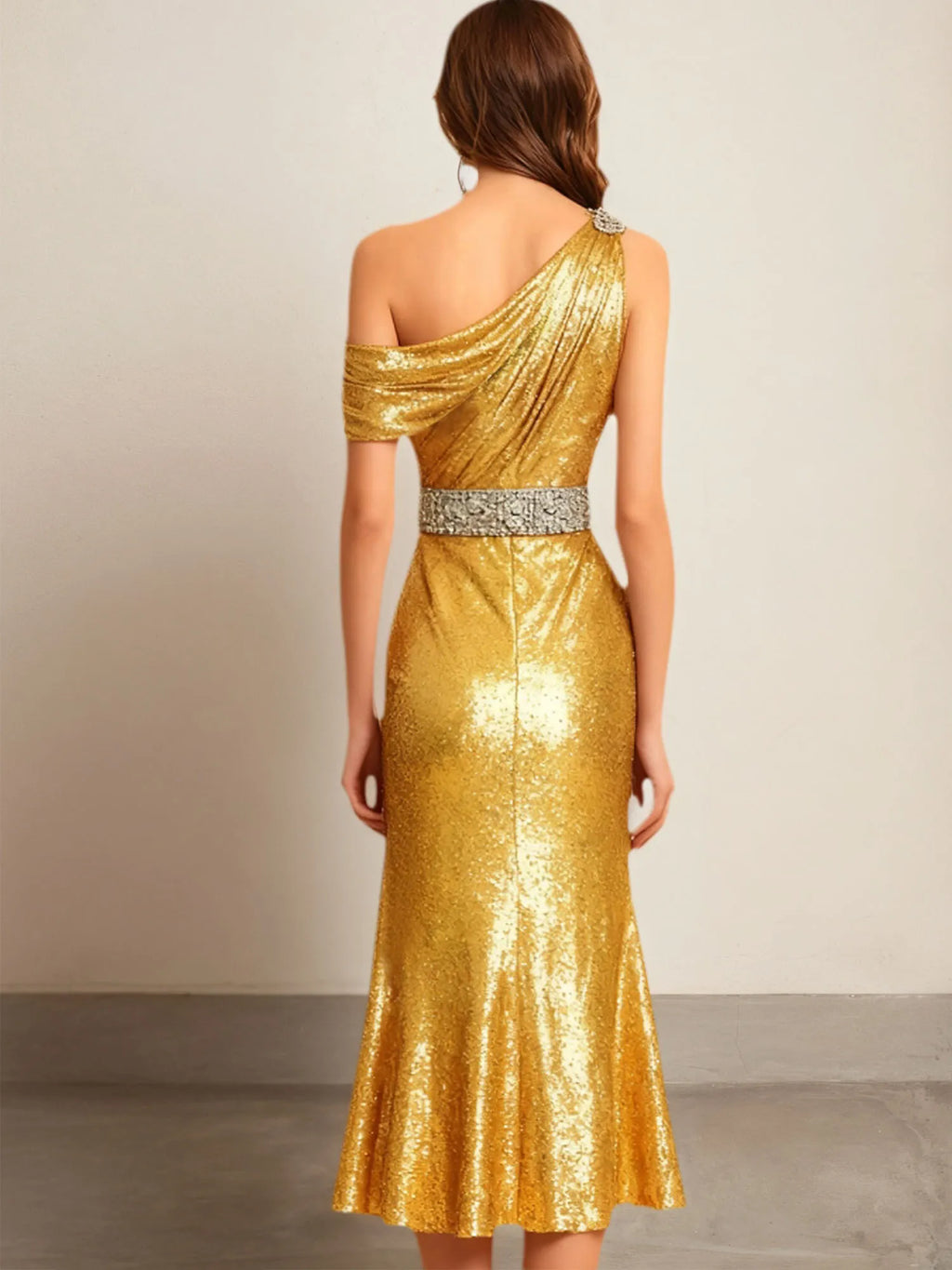 Evening Formal Dress Golden One Shoulder Sequin Midi Dress