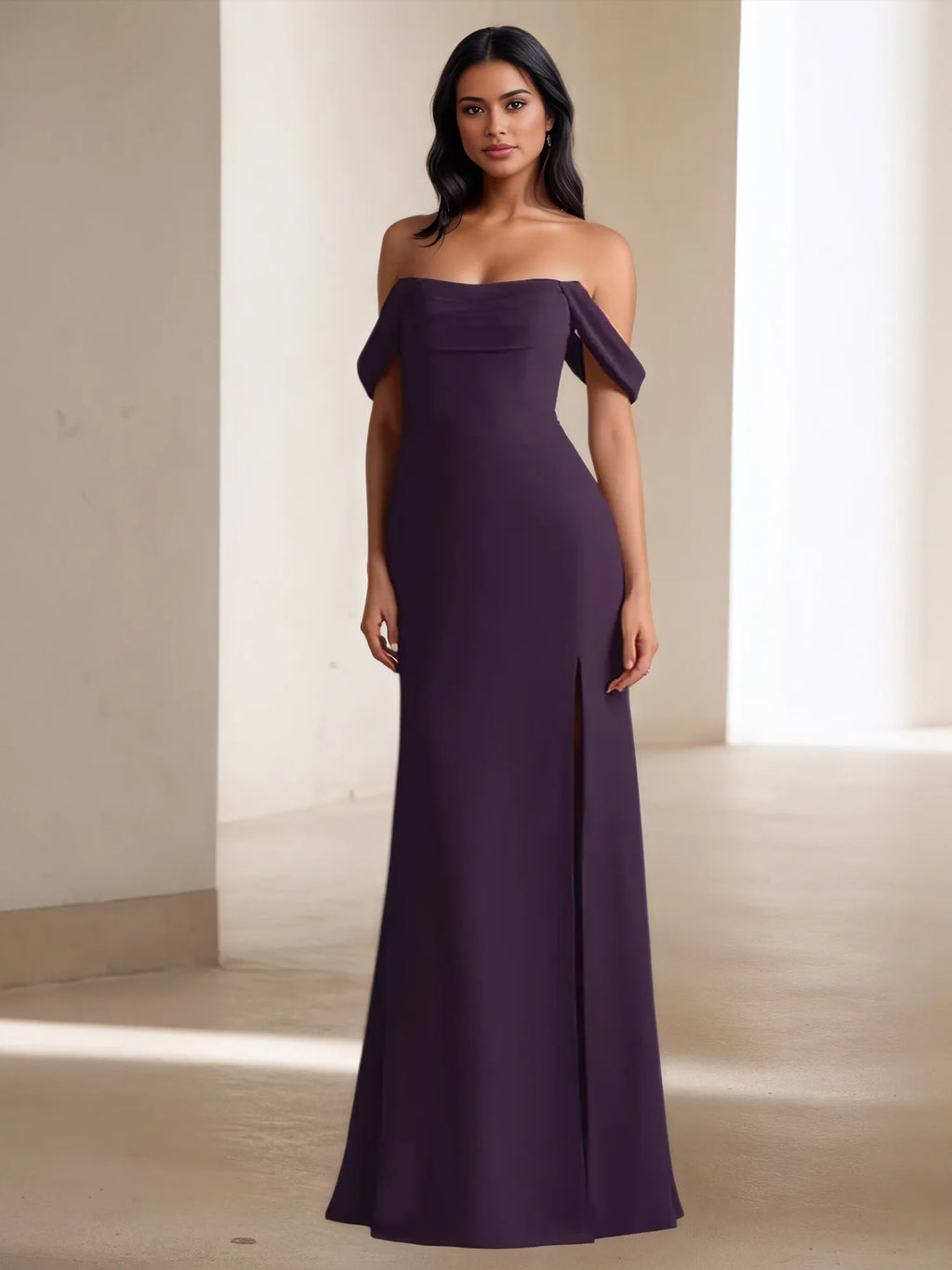 Off-Shoulder Fitted High-Slit Maxi Gown Formal Evening Dress