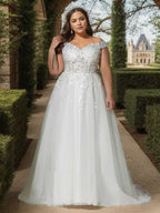 Off the Shoulder White Ball-Gown Applique Wedding Dress