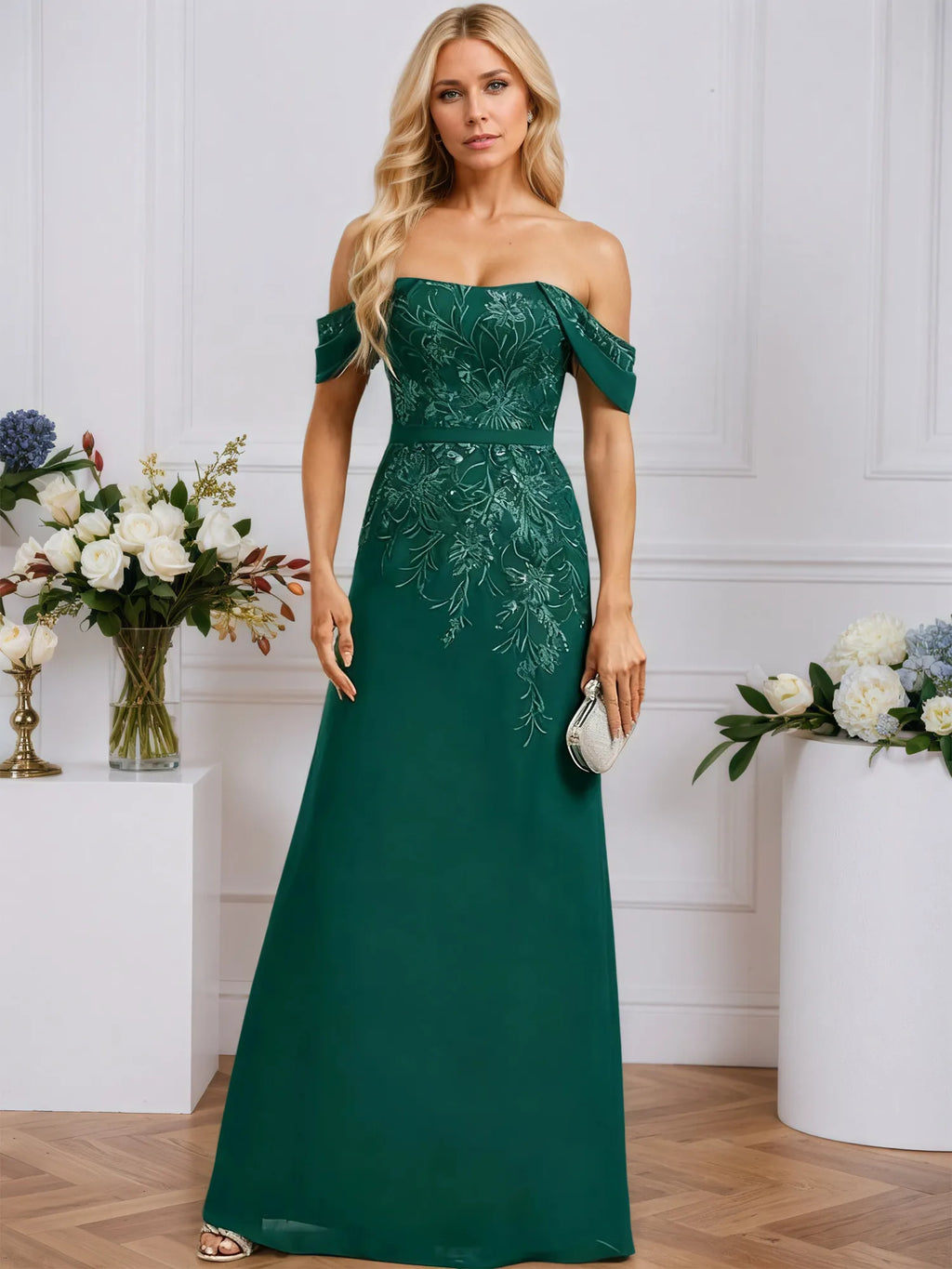 Sheath/Column Off the Shoulder Floor-Length Lace Chiffon Evening Dress With Sequins