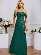 Sheath/Column Off the Shoulder Floor-Length Lace Chiffon Evening Dress With Sequins