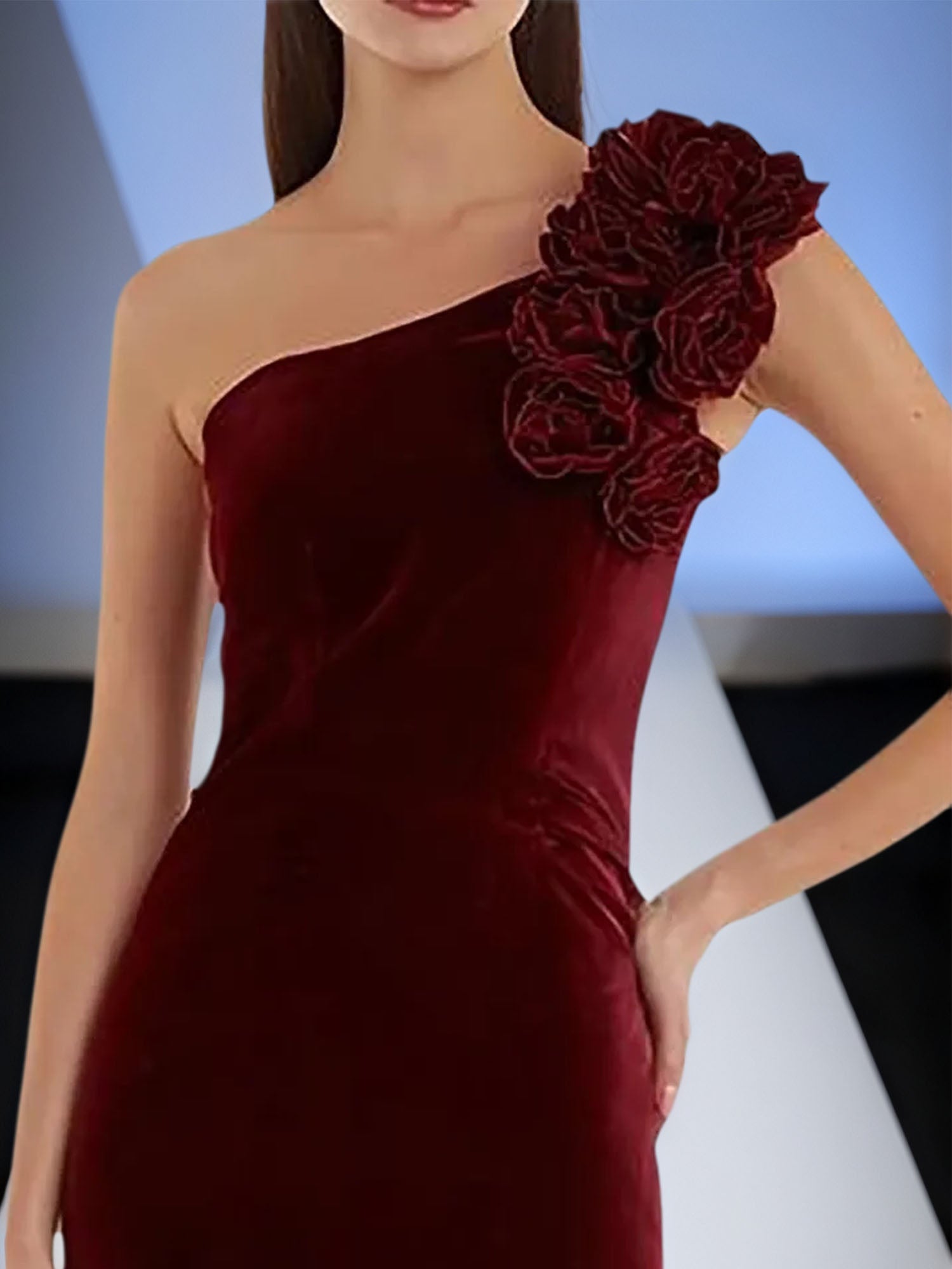 Evening Formal Dress Burgundy One Shoulder Velvet Maxi Dress With 3D Flower