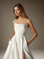 Vestido de novia de satén sin tirantes en línea A con falda de gala blanca