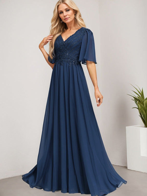 A-Linien V-Ausschnitt Bodenlanges Spitzen-Chiffon Kleid für die Brautmutter mit Pailletten