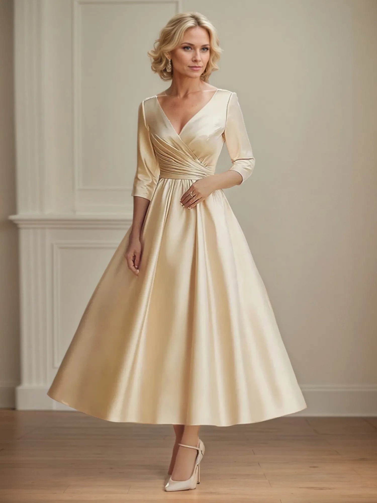A-Linie V-Ausschnitt 3/4-Arm Satin gerafftes Kleid für die Brautmutter