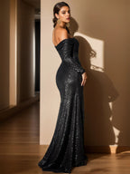 Off-Shoulder Long Sleeve Sequin Ruffled Mermaid Maxi Gown Formal Evening Dress