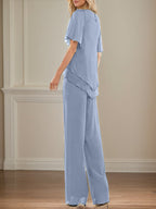 2 Piece Jumpsuit / Pantsuit Crew Neck Floor Length Chiffon Mother of the Bride Dress