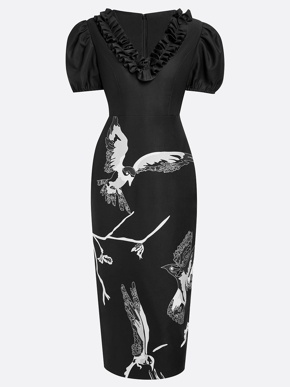 Vestido midi preto com pregas, decote em V e mangas bufantes