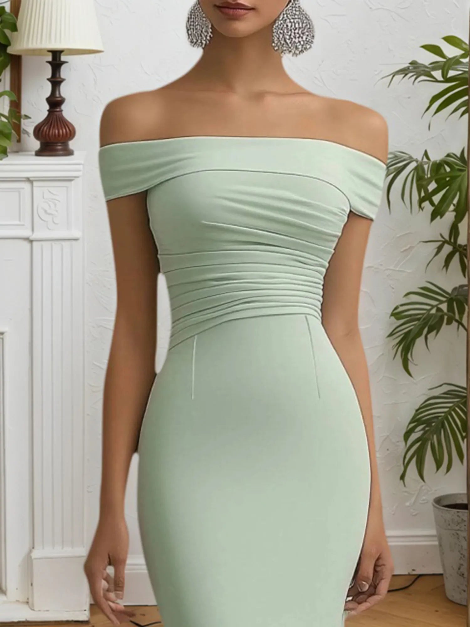 Hochzeitsgast Party Kleid Salbeigrün Schulterfreies Meerjungfrau Midi Kleid