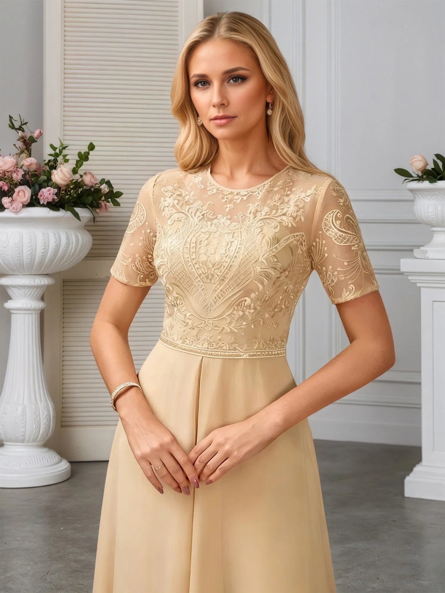 Jumpsuits Illusion Scoop Floor-Length Lace Chiffon Evening Dress With Overskirt Sequins