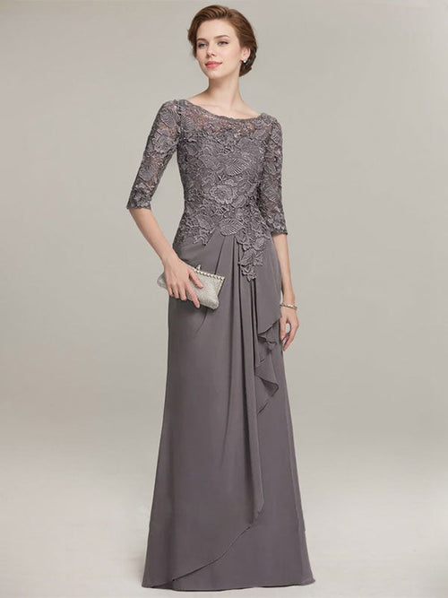 Robe mère de la mariée en ligne A avec col rond illusion, dentelle et chiffon longueur sol avec volants en cascade