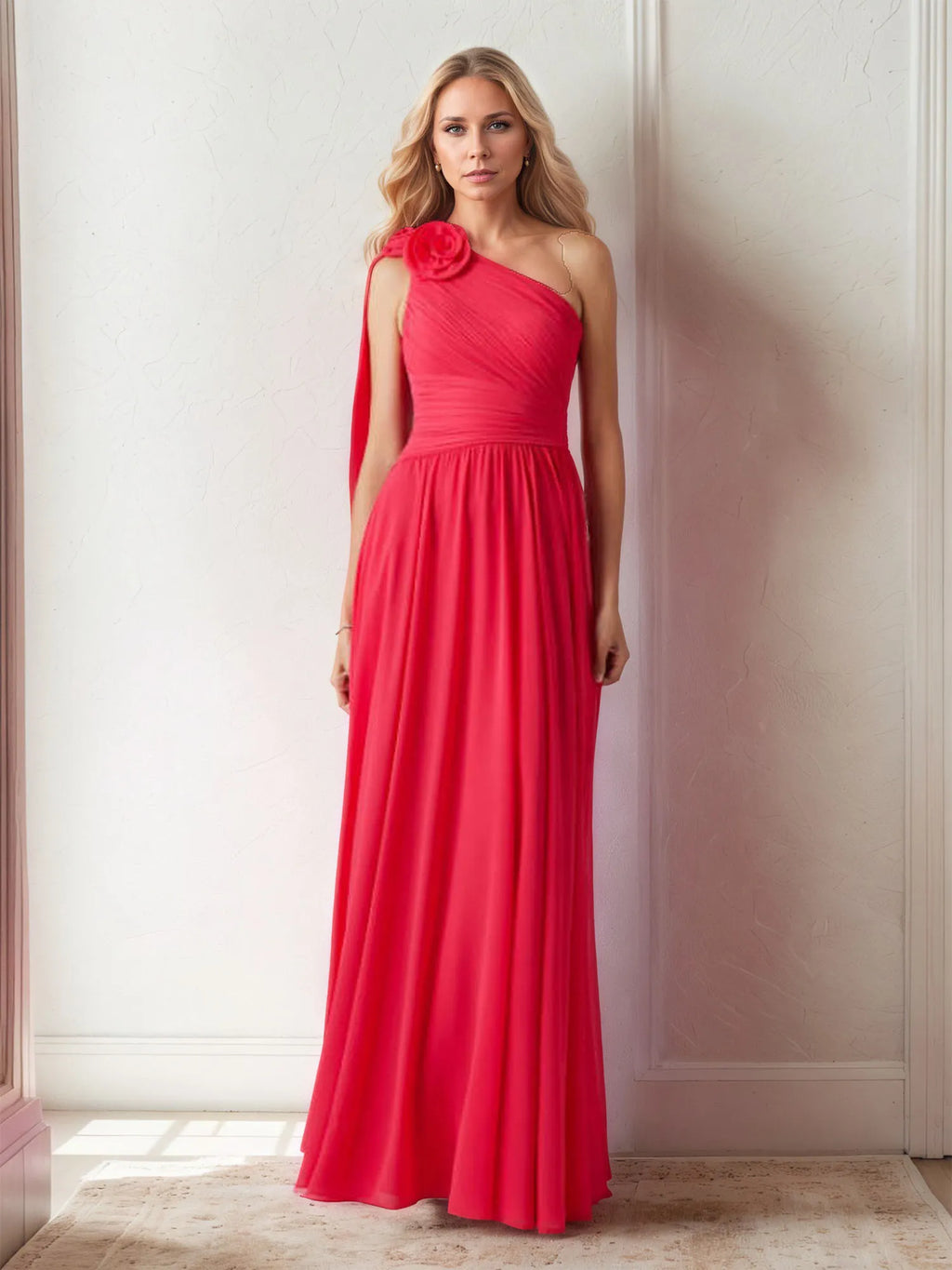 Chiffon One Shoulder 3D Floral Floor-Length Evening Dress