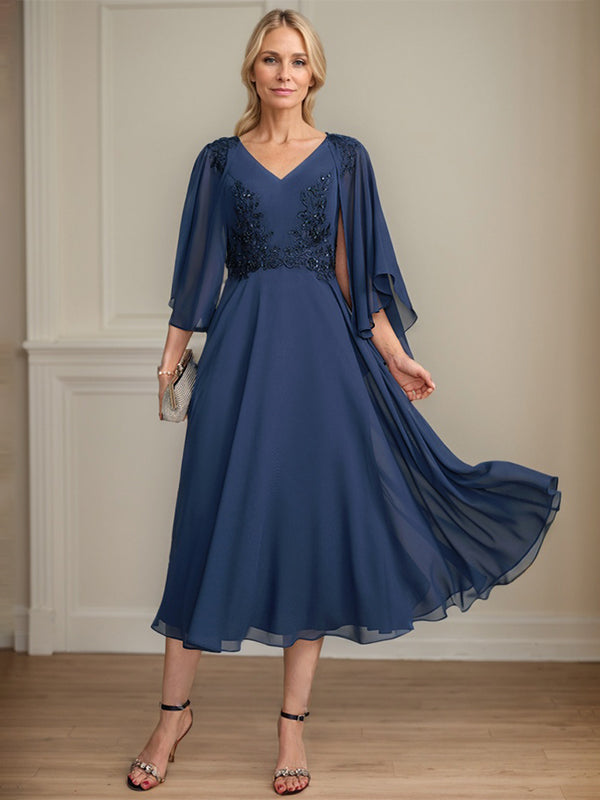A-Linien-Brautmutterkleid aus Chiffon, V-Ausschnitt, tea-length mit Spitze, Pailletten und Perlen