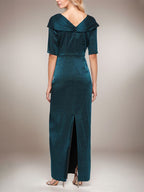 Robe longue colonne scintillante avec poignets rabattus, col en L et manches coudes