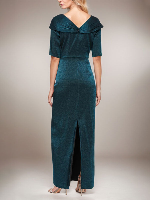Langes schimmerndes Säulenkleid mit umgeschlagenem Ärmelbündchen, L-Ausschnitt und Ellbogenärmeln