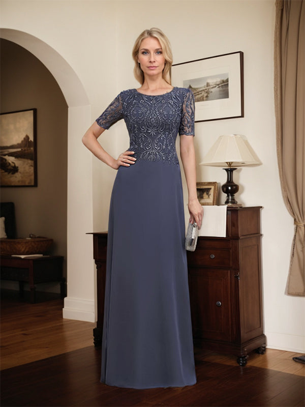 A-Linien Spitzen-Chiffon-Mutter-der-Braut-Kleid mit Rundhalsausschnitt, bodenlang und Pailletten