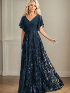 Vestido de madre de la novia en línea A con escote en V, largo hasta el suelo, encaje, lentejuelas y gasa plisada