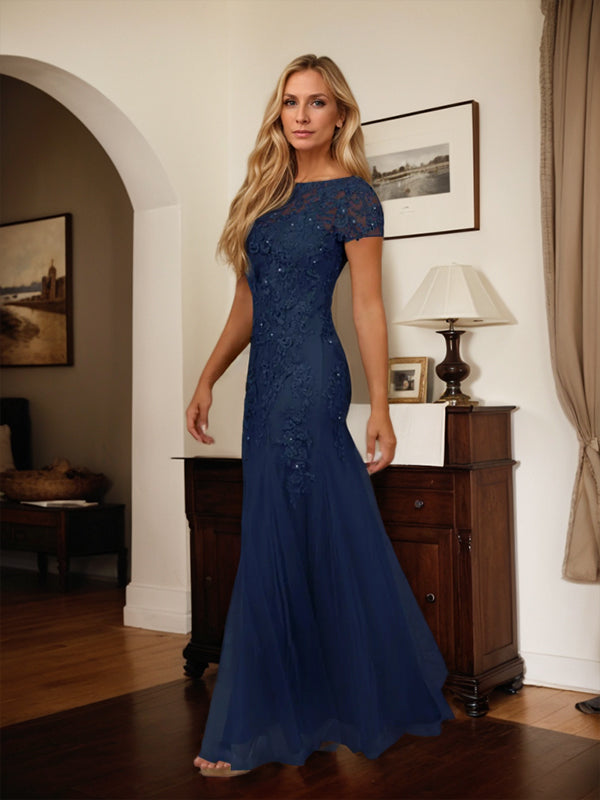 Dark Navy Mermaid Scoop Sequins Tulle Dress