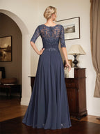 A-Linien Ausschnitt Illusions-Bodenlanges Chiffon-Spitzenkleid für die Mutter der Braut mit plissierten Pailletten