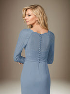 Dusty Blue Stretch Crepe Boat Neck Long Sleeves Floor Length Dress