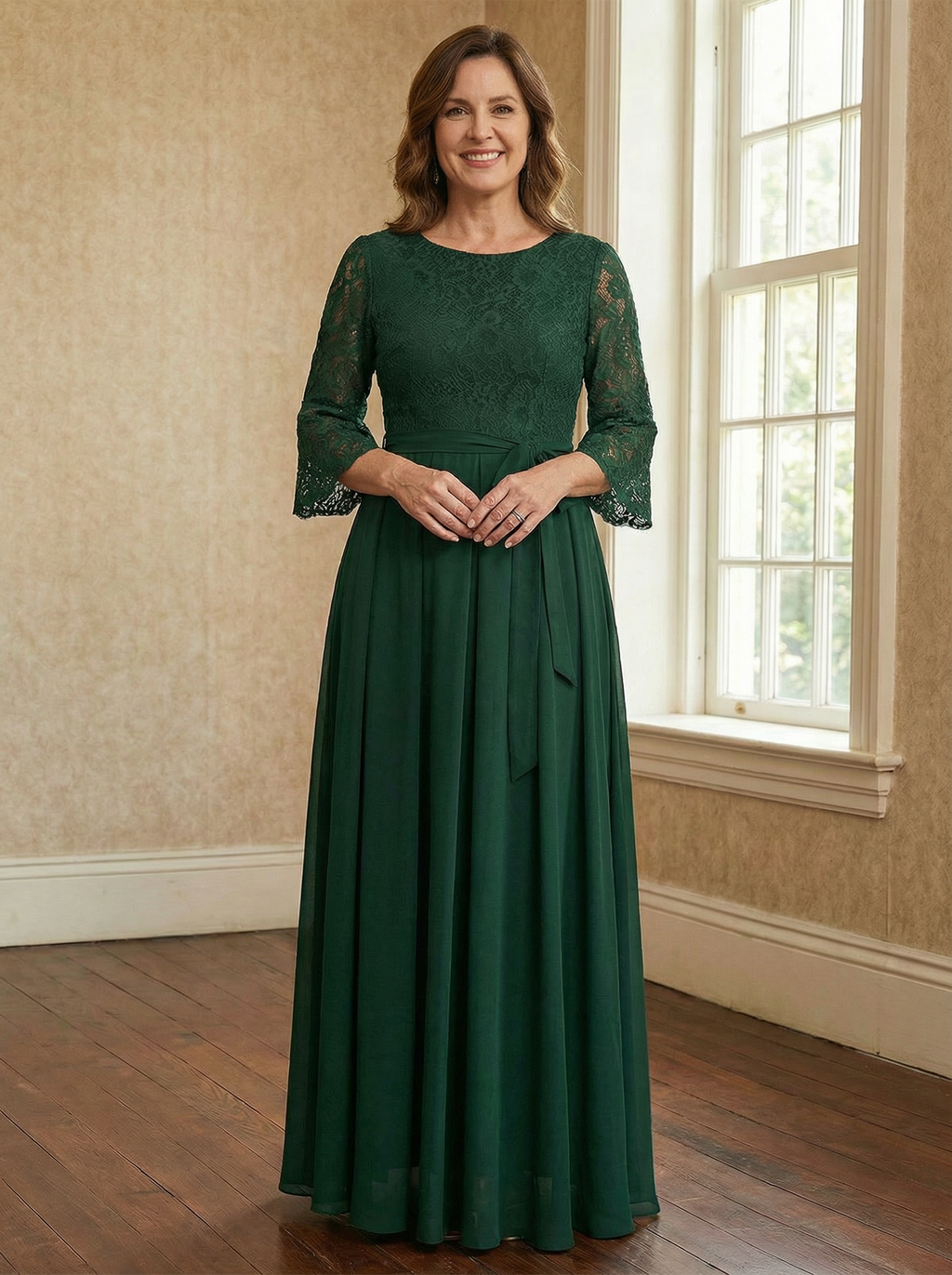 A-Linien Rundhals Knöchellanges Spitzenchiffon-Mutter-der-Braut-Kleid mit Schleife