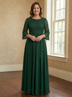 A-Linien Rundhals Knöchellanges Spitzenchiffon-Mutter-der-Braut-Kleid mit Schleife
