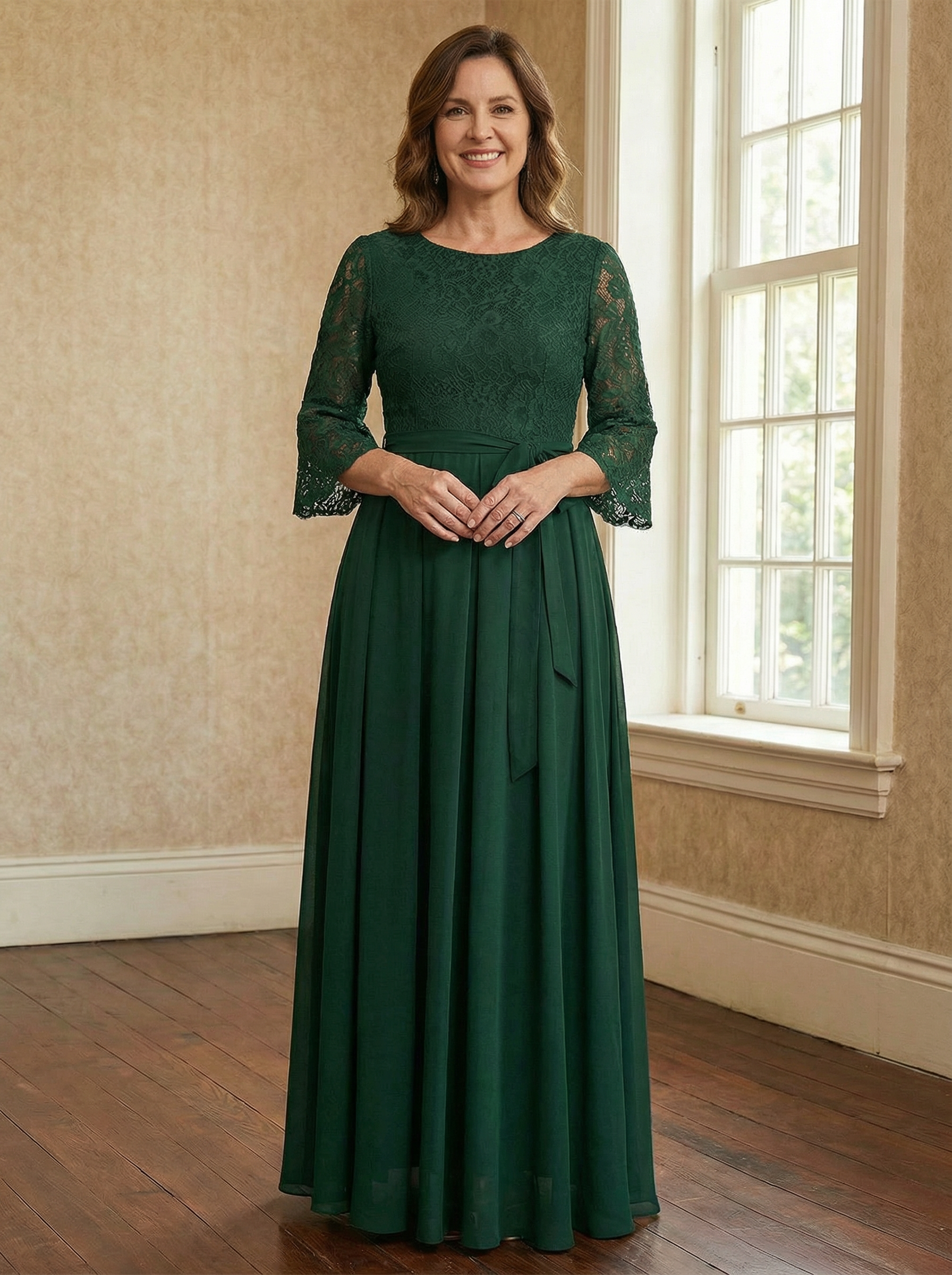 A-line Scoop Ankle-Length Lace Chiffon Mother of the Bride Dress With Bow