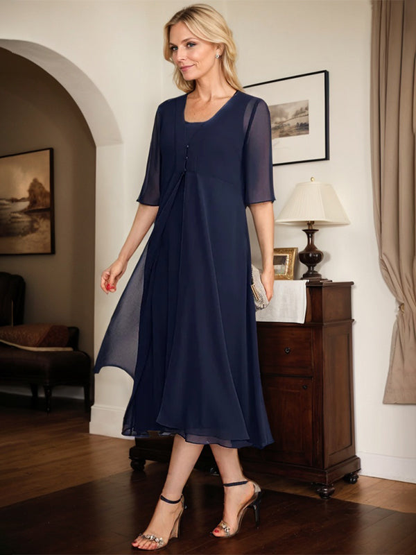 A-Linien quadratisches Tee-Länge Chiffon Mutter-der-Braut-Kleid