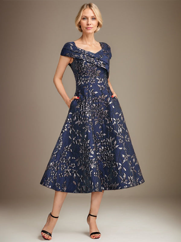 Robe mère de la mariée ligne A à col en V longueur thé en jacquard floral