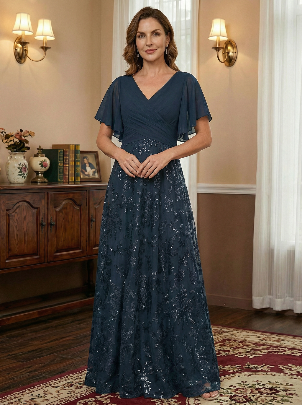 A-Linien V-Ausschnitt bodenlanges Spitzen-Chiffon Brautmutterkleid mit Pailletten und Plissees